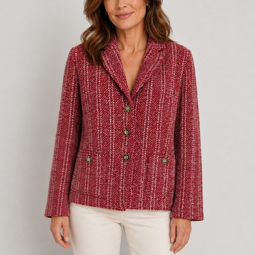 St. John Collection Knit Blazer 2 Red White Tweed Button Front Quiet Luxury